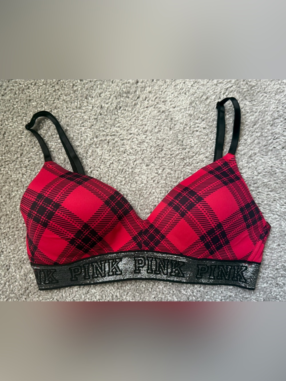 PINK Victoria's Secret Red & Black Plaid Bralette with Glitter Band